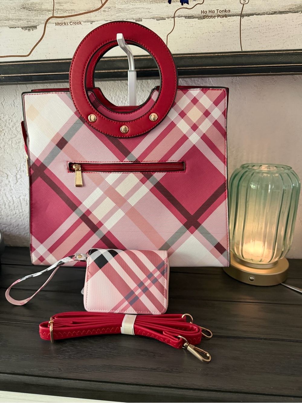 New Pink Plaid Circle-Handle Tote with Wristlet and Strap